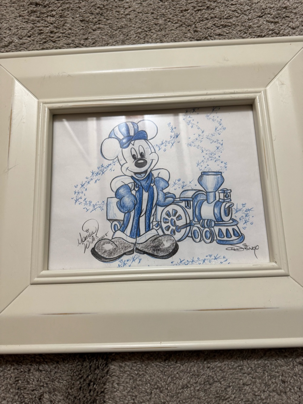 Monica Willis Mickey Mouse Train Framed Signed Original Drawing 2008